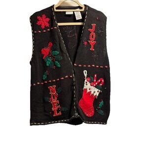 Vintage 90s Bobbie Brooks Christmas Sweater Vest Ugly Noel Joy Holly Stocking LG